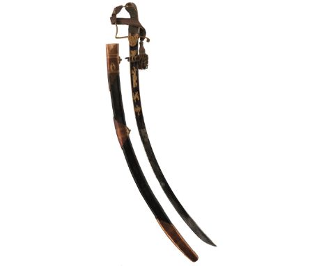 A GEORGIAN BLUED AND GILT OFFICER'S SWORDS TO THE 10TH HUSSARS, 78cm sharply curved blade by J.J. Runkel of Solingen, decorat