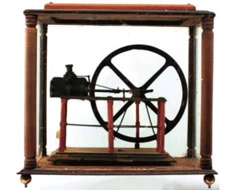 A PAINTED LIVE STEAM MODEL OF A HORIZONTAL MILL ENGINE, mounted on a wooden plinth and contained in a glazed case.