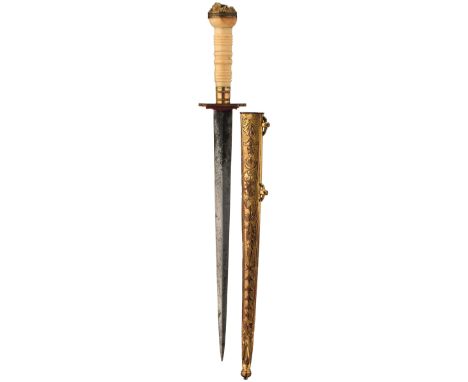 A GEORGIAN MIDSHIPMAN'S DIRK, 20.25cm flattened diamond section blade etched with scrolling foliage and laurel wreaths, the c