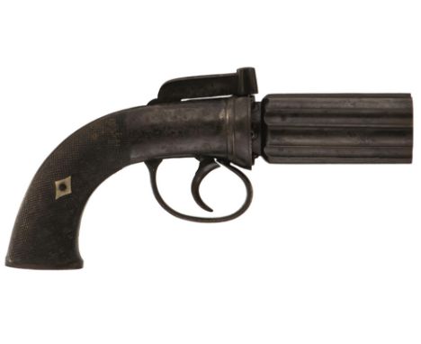 A 120-BORE SIX-SHOT PERCUSSION PEPPERBOX REVOLVER, 3inch fluted barrels, border and scroll engraved, action, hammer, trigger 