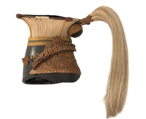 A VICTORIAN OTHER RANKS LANCE CAP TO THE 17TH LANCERS, the black leather body with white cloth and leather top, the latter wo