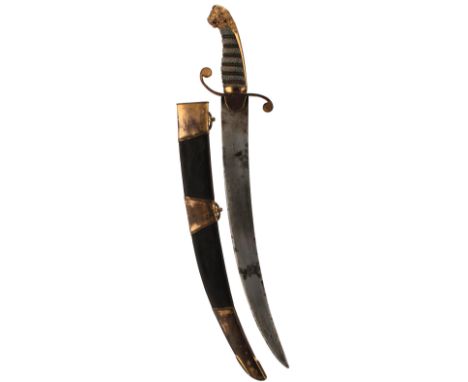 A GEORGIAN NAVAL DIRK BY PROSSER, 37cm sharply curved plain blade, copper gilt hilt with recurved guard and bold lion's head 