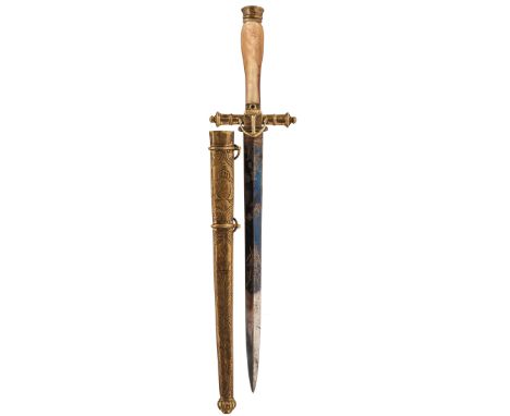 A 19TH CENTURY NORWEGIAN NAVAL OFFICER'S DIRK, 21cm flattened diamond section blade decorated with stands of arms, scrolling 