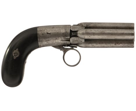 A 120-BORE MARIETTE'S PATENT FOUR-SHOT PERCUSSION PEPPERBOX REVOLVER, 2.5inch barrels, border and scroll engraved rounded act