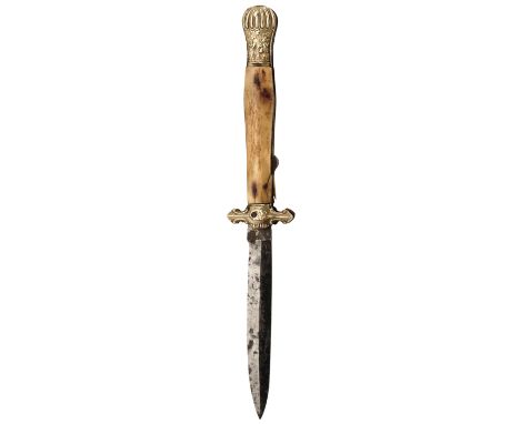 A WHITE METAL MOUNTED FOLDING BOWIE KNIFE, 12cm flattened diamond section blade, white metal mounted hilt decorated with grap