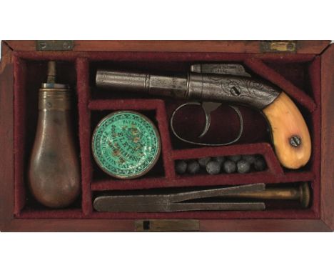 A CASED SMALL BORE PERCUSSION POCKET PISTOL BY ALLEN, 2inch two-stage turn-off barrel, scroll engraved rounded action with ba