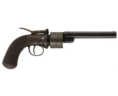 A 54-BORE PERCUSSION TRANSITIONAL REVOLVER BY T K BAKER OF LONDON, 5.5inch sighted octagonal blued barrel with multi-groove r