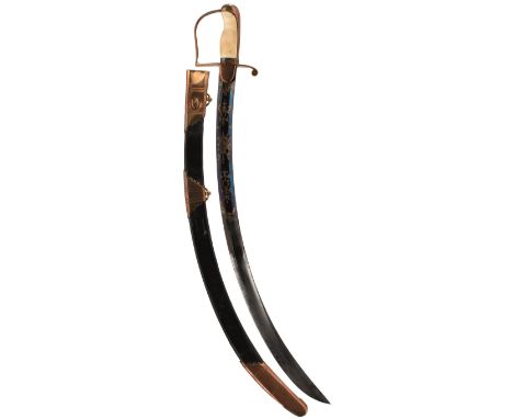 A GEORGIAN FLANK COMPANY OFFICER'S SWORD, 69.5cm sharply curved blued and gilt blade decorated with scrolling foliage and sta