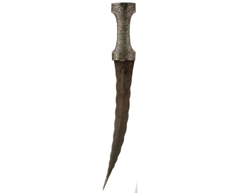 A JAMBIYA, 30.5cm curved wavy blade with raised medial ridge and armour piercing tip decorated with a panel of flower heads a