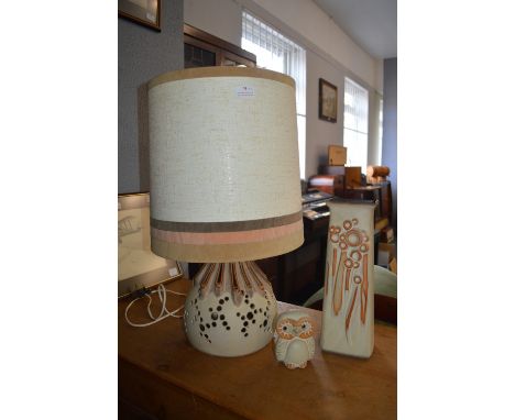 1970's Shelf Pottery Lamp, Vase, and Owl 