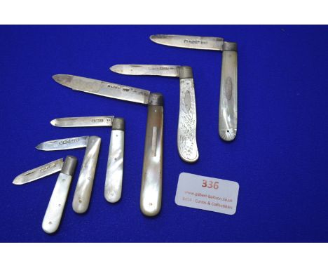 Six Hallmarked Sterling Silver Mother of Pearl Pocket Knives 