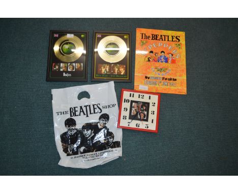 Beatles Memorabilia; Framed Singles, Sign, Clock, etc. 