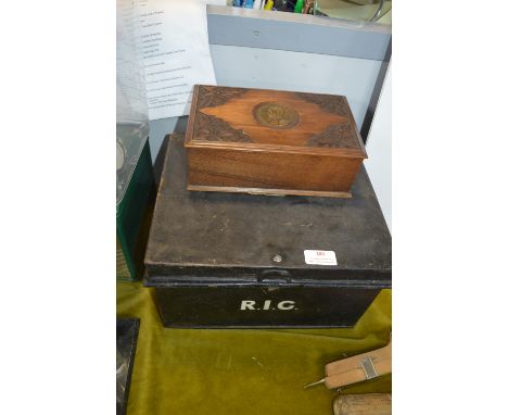 Small Metal Trunk and a Wooden Box with Inset Medallion 