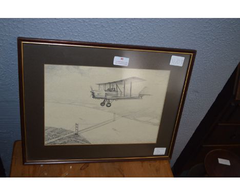 Framed Original Pencil Sketch of a Blackburn B2 Over The Humber Bridge by C. Bowes 