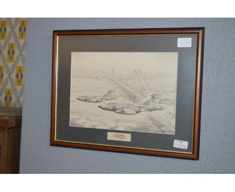 Framed Original Pencil Sketch of Two Buccaneers Over The Humber Bridge by C. Bowes 