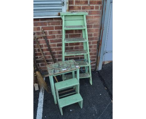 Green Stepstool and Wooden Step Ladder