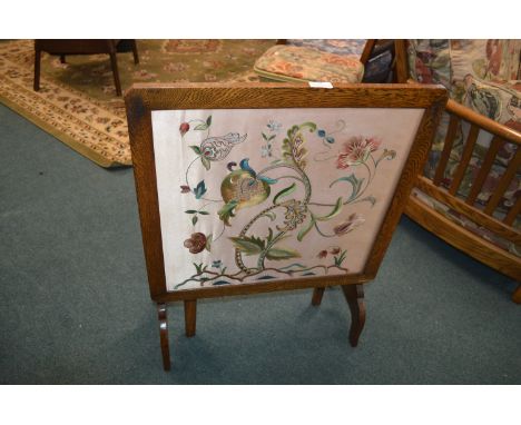 1930's Oak Folding Fire Screen/Table with Embroidered Panel 