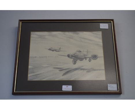 Original Pencil Sketch of Two Meteor Aircraft by C. Bowes 