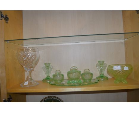 1950's Green Glass Dressing Table Set plus Large Lead Crystal Goblet 