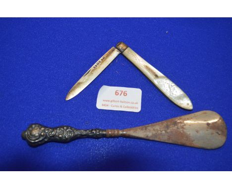 Hallmarked Sterling Silver Pocket Knife with Mother of Pearl Handle plus Shoe Horn with Hallmarked Silver Handle 
