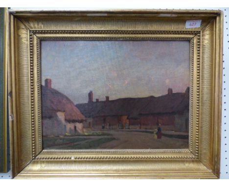 Gustave Courbet Village Street Scene with figures, oil on board, bears signature Gustave Courbet, 28cmx37cm