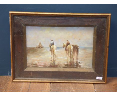Framed oil painting, coastal scene, figures on horseback at low tide 25cmx40cm