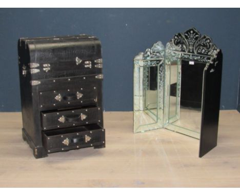 Venetian style dressing table mirror, 76cmHx60cmw; and a modern travelling trunk of drawers as a side table 70cmHx44cmW