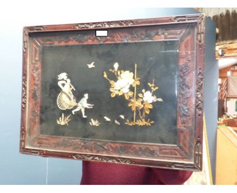 Early C20th Japanese Taisho period wood framed inlaid picture, the black lacquered ground inlaid in ivory and mother of pearl