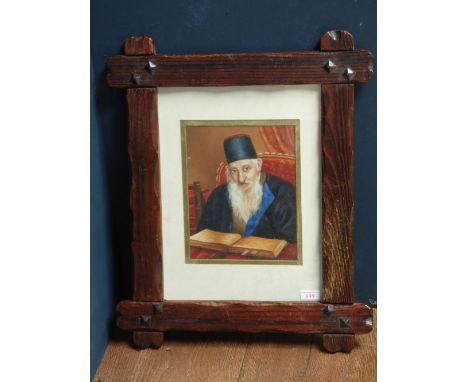 Oak framed oil painting portrait of a Rabbi, with open Tora, 25cm x19.5cm
