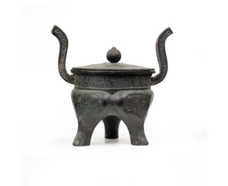 A Chinese bronze tripod incense burner and coverMing dynastyThe lobed body cast with archaistic leiwen motif above the splaye