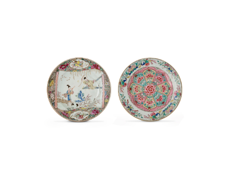 A Chinese famille rose 'xi xiang ji' plate and a floral plateQing dynasty, 18th centuryThe figurative plate painted with the 