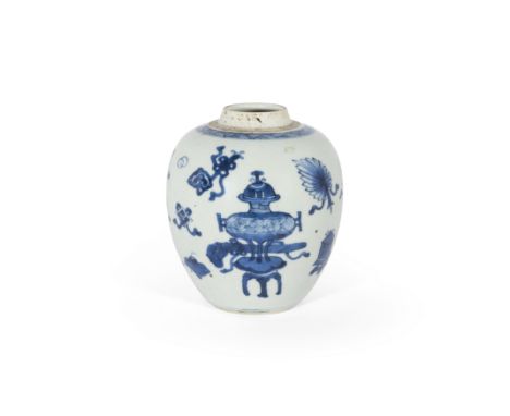 A small Chinese blue and white jarQing dynasty, Kangxi periodPainted with various auspicious objects and archaic vessels, und
