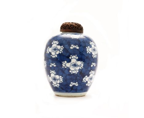 A Chinese blue and white 'prunus' jarQing dynasty, Kangxi periodPainted with prunus blossom on a 'cracked ice' ground, 14cm h