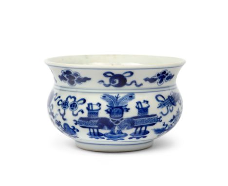 A small Chinese blue and white 'hundred antiques' incense burnerQing dynasty, Kangxi periodThickly potted with a flared rim, 