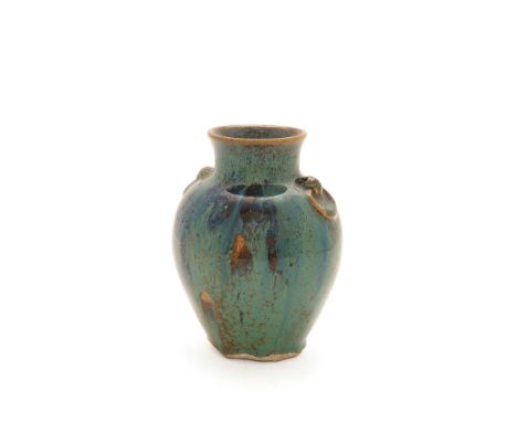 A Chinese stoneware jun imitation vaseLate Qing dynastyOf ovoid form moulded with two mask and ring handles, two impressed se