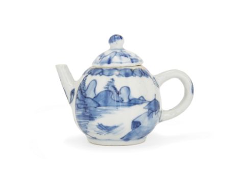 A small Chinese blue and white ribbed teapot and coverQing dynasty, Kangxi periodOf pear-shaped form, painted to the body wit