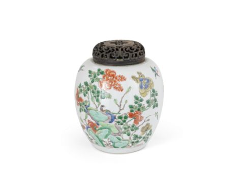 A Chinese famille verte jar Qing dynasty, Kangxi periodOf ovoid form, painted to the exterior with birds amidst rocks and flo