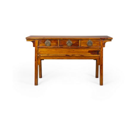 A Chinese huanghuali three-drawer cofferLate Qing dynastyThe slightly tapering legs supporting three short drawers and an ove
