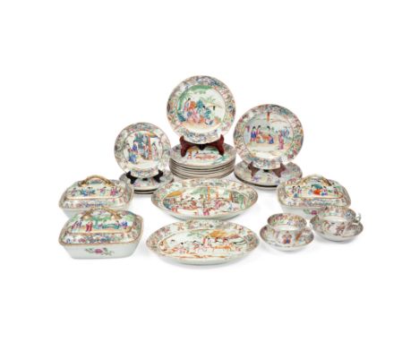A Chinese Canton famille rose part dinner serviceQing dynasty, mid-19th centuryEach piece painted with a scene depicting figu