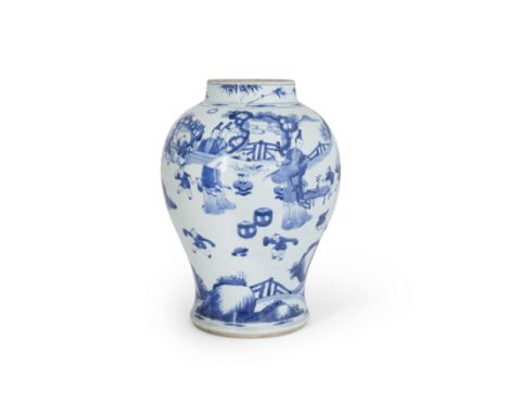 A large Chinese blue and white baluster jarQing dynasty, 18th centuryPainted with ladies admiring a scroll painting and child