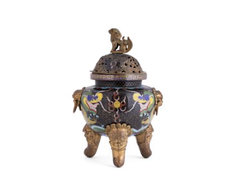 A Chinese cloisonné-enamel tripod incense burner and coverLate Qing dynastyThe domed cover set with beast finial, the body de
