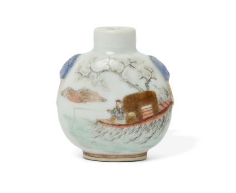 A Chinese enamelled 'lone fisherman' snuff bottleQing dynasty, Daoguang mark and periodOne side finely enamelled with a schol