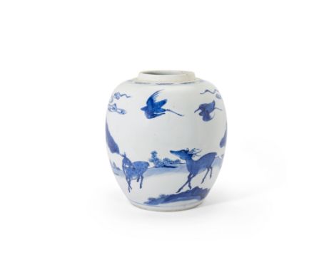 A large Chinese blue and white 'deer and cranes' jarQing dynasty, Kangxi periodPainted with two cranes in flight above two de