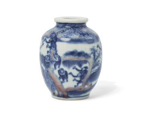 A Chinese blue and white and copper red oviform snuff bottleQing dynasty, 19th century, apocryphal Yongzheng markWith thick, 