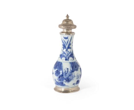 A Chinese blue and white silver mounted vaseTransitional period, 17th centuryPainted with a scholar and acolyte in a continuo