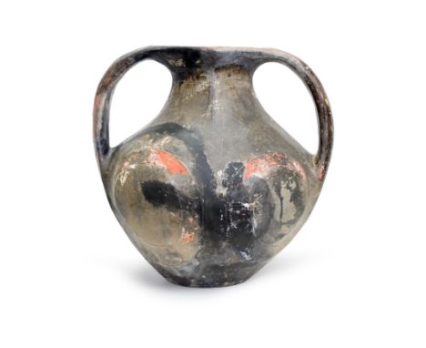 A Chinese burnished grey pottery amphoraHan DynastyStanding on a flat circular foot rim, the pear-shaped body with large twin
