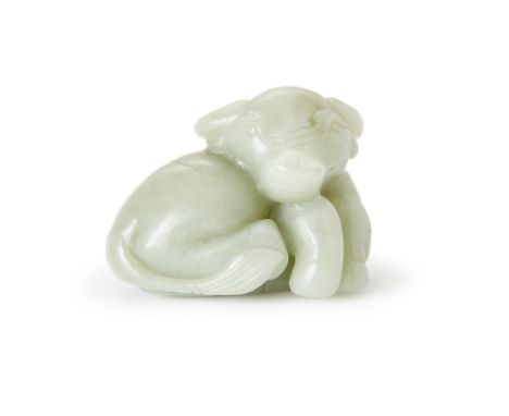 A Chinese celadon jade carving of a buffaloQing dynastyCarved from an even, pale green stone, 6.3cm long.清 玉雕牛