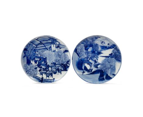A pair of Chinese blue and white 'tilling and weaving' platesQing dynasty, mid-19th centuryOne painted with a sericulture sce