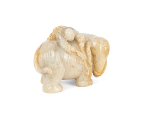 A large celadon and russet jade 'boy and elephant' groupLate Qing dynasty/Republic periodCarved from a pale celadon stone wit