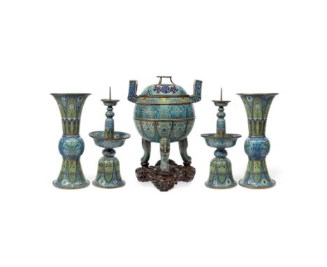 A large Chinese cloisonné enamel 'archaistic' altar garniture five-piece set.Qing dynasty, Daoguang periodComprising a tripod